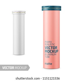 Round white matte aluminum tube with cap for effervescent or carbon tablets, pills, vitamins. Photo-realistic packaging mockup template with sample design. 3d vector illustration.