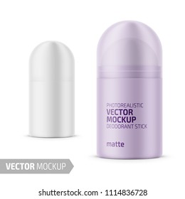 Round white matte plastic dry deodorant antiperspirant stick. 40 ml. Realistic packaging mockup template with sample design. Vector illustration.