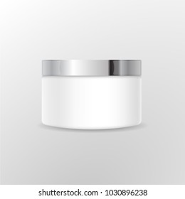 Round white  matte plastic jar with  metal lid for cosmetics - body cream, butter, scrub, bath salt, gel, skin care, powder. Realistic packaging mockup template. Side view. Vector illustration