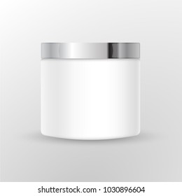 Round white  matte plastic jar with  metal lid for cosmetics - body cream, butter, scrub, bath salt, gel, skin care, powder. Realistic packaging mockup template. Side view. Vector illustration