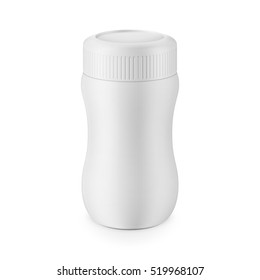 Round white matte plastic jar with ribbed lid for dry products - hot chocolate, cocoa, instant coffee. Realistic packaging mockup template. Eye-level view. Vector illustration