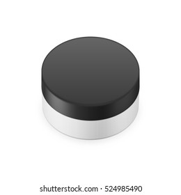 Round white matte plastic jar with black lid for cosmetics - body cream, butter, scrub, bath salt, gel, skin care, powder. Realistic packaging mockup template. Upper view. Vector illustration. 