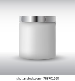 Round white  matte plastic jar with  metal lid for cosmetics - body cream, butter, scrub, bath salt, gel, skin care, powder. Realistic packaging mockup template. Side view. Vector illustration