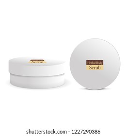 Round white matte plastic  with lid for cosmetics - body cream, butter, scrub, bath salt, gel, skin care, powder. Realistic packaging mockup template.Vector illustration.