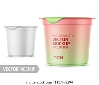 Round white matte plastic pot with foil cover for yogurt, cream, dessert or jam. 125 ml. Photo-realistic packaging mockup template with sample design. Vector 3d illustration.