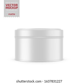 Round White Matte Tin Round Box. Container For Dry Products - Tea, Coffee, Sugar, Cereals, Candy. Photo-realistic Packaging Vector Mockup Template. Vector 3d Illustration.