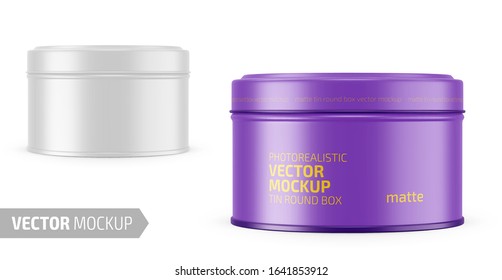 Round white matte tin round box. Container for dry products - tea, coffee, sugar, cereals, candy. Photo-realistic packaging vector mockup template with sample design. Vector 3d illustration.