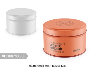 Round white matte tin round box. Container for dry products - tea, coffee, sugar, cereals, candy. Photo-realistic packaging vector mockup template with sample design. Vector 3d illustration.