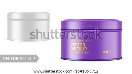 Round white matte tin round box. Container for dry products - tea, coffee, sugar, cereals, candy. Photo-realistic packaging vector mockup template with sample design. Vector 3d illustration.