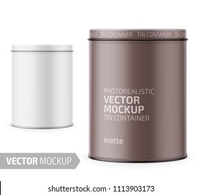 Round white matte tin can with lid. Container for dry products - tea, coffee, sugar, cereals, candy, spice. Photo-realistic packaging vector mockup template with sample design. Vector 3d illustration.