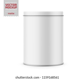 Round white matte tin can with lid. Container for dry products - tea, coffee, sugar, cereals, candy, spice. Photo-realistic packaging vector mockup template. Vector 3d illustration.