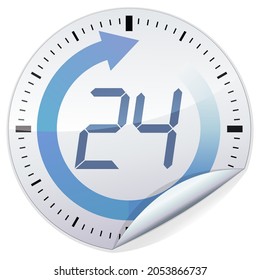 Round white metallic sticker with the graduation of a clock and a circular arrow with the number in the middle indicating a delivery time of 24 hours (cut out)