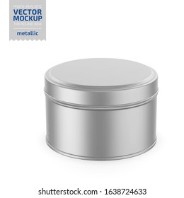 Round white metallic tin round box. Container for dry products - tea, coffee, sugar, cereals, candy. Photo-realistic packaging vector mockup template. Vector 3d illustration.