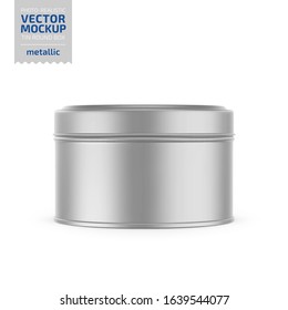 Round White Metallic Tin Round Box. Container For Dry Products - Tea, Coffee, Sugar, Cereals, Candy. Photo-realistic Packaging Vector Mockup Template. Vector 3d Illustration.