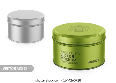 Round white metallic tin round box. Container for dry products - tea, coffee, sugar, cereals, candy. Photo-realistic packaging vector mockup template with sample design. Vector 3d illustration.