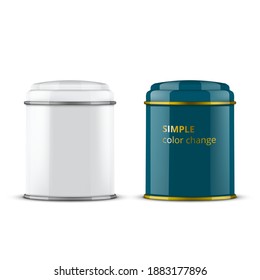 Round White Metallic Tin Round Box For Tea, Coffee Or Candy. EPS10 Vector