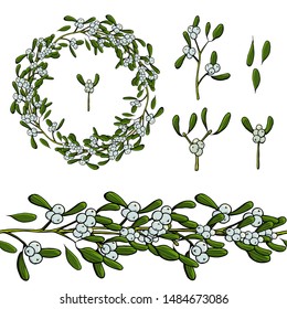 Round white mistletoe garland. Endless horizontal pattern brush. For season design, announcements, postcards and posters. Festive floral circle for your season design