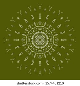 round white pattern in the shape of madala on a green background