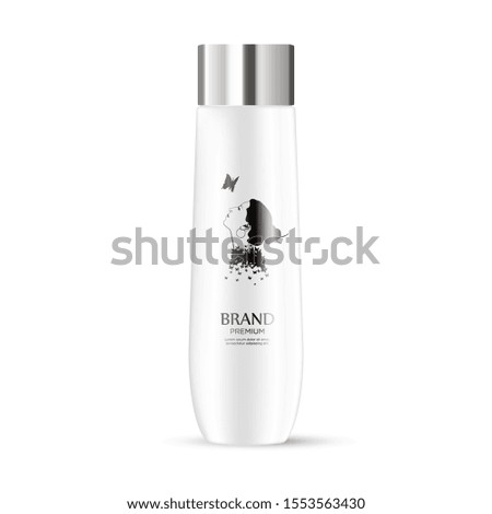 Round white plastic bottle with silver cap for shampoo, shower gel, lotion, body milk. Realistic packaging mockup template. Side view. 
Vector illustration.