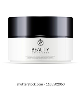 Round white plastic jar with black glossy lid for cosmetics - body cream, gel, butter, bath salt, skin care, powder. Realistic packaging mockup template. Vector illustration.