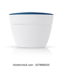 Round white plastic jar with white and blue lid for cosmetics - body cream, 
butter, scrub, bath salt, cream, gel, skin care, powder. Realistic packaging mockup template. 
Side view. Vector illustrati