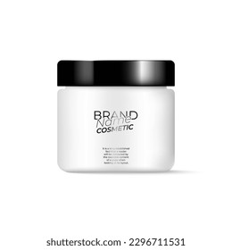 Round white plastic jar 
cosmetic - body cream, butter, bath salt, 
gel, skin care, powder. Realistic mockup template. 
Side view. Vector illustration
