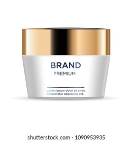 Round white plastic jar with  gold lid for cosmetics - body cream, butter, scrub, bath salt, gel, skin care, powder. Realistic packaging mockup template. 
Side view. Vector illustration.