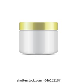 Round white plastic jar with gold cap for cosmetics. Vector mockup template for your design