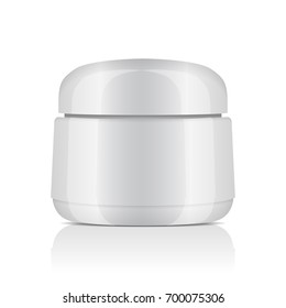 Round white plastic jar with lid for cosmetics. Balm, creme, gel, ointment. Vector mockup template for your design