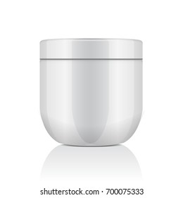 Round white plastic jar with lid for cosmetics. creme, gel, ointment, balm. Vector mockup template for your design