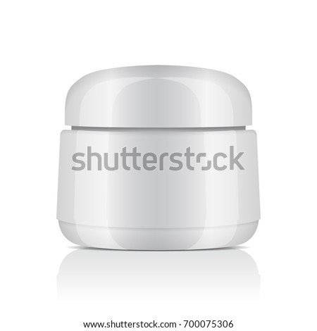 Round white plastic jar with lid for cosmetics. Balm, creme, gel, ointment. Vector mockup template for your design