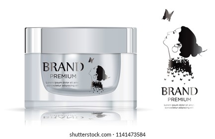 Round white plastic jar with  metal lid for cosmetics - body cream, 
butter, scrub, bath salt, gel, skin care, powder. Realistic packaging mockup template. 
Side view. With art logo.