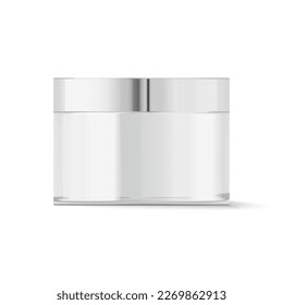 Round white plastic jar with metal lid for 
cosmetics - body cream, butter, scrub, bath salt, gel, 
skin care, powder