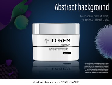 Round white plastic jar with silver lid for cosmetics - body cream, 
butter, scrub, bath salt, gel, 
cream, skin care, powder. Realistic packaging mockup template. 
Isolated on abstract background.