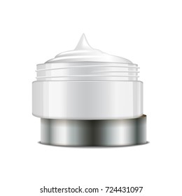 Round white plastic jar with silver cap for cosmetics. Open container. Vector mockup template for your design
