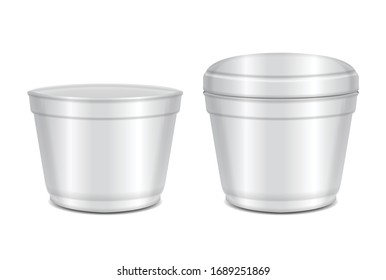 Contenedor abierto y cerrado de plástico blanco redondo. Sopa o para productos lácteos, yogur, crema, postre, mermelada. Conjunto de empaque de vectores para su diseño