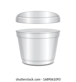 Round white plastic open container with cap. Soup bowl or for dairy products, yogurt, cream, dessert, jam. Vector packaging mockup template for your design