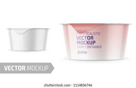 Round white plastic pot with glossy carton wrap and foil cover for dairy products, yogurt, cream, dessert. 130 g. Photo-realistic packaging mockup template with sample design. Vector 3d illustration.