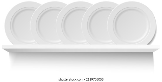 Round white plates on wooden shelf for utensil. Kitchen stuff for cooking and serving food, breakfast, lunch and dinner. Vector illustration in flat style, shelving concept on white background