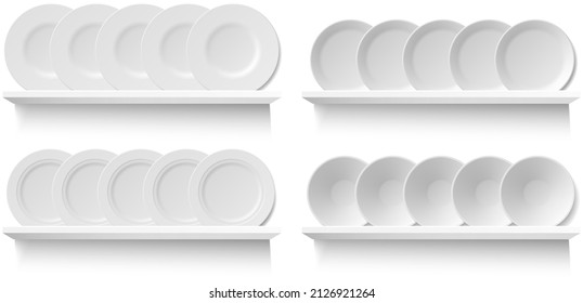 Round white plates on wooden shelf for utensil. Kitchen stuff for cooking and serving food, breakfast, lunch and dinner. Vector illustration in flat style, shelving concept on white background