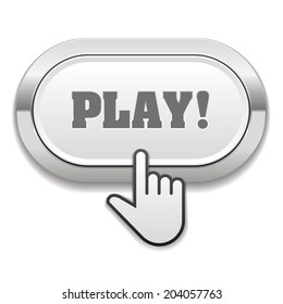 Round white play button with cursor on white background