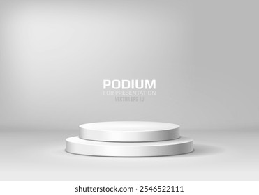 Round white podium on light background. Empty pedestal for award ceremony or product presentation. Minimalist platform concept. Vector illustration.