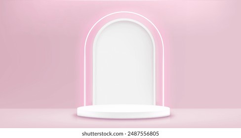 Round white podium on pink background. Vector realistic illustration of cylinder shape platform, pastel backdrop with arch decoration, cosmetic product presentation showroom, pastel pedestal mockup