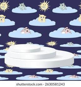 Round white podium placed on a cartoon background with smiling animals, clouds and sun. Soft pastel colors, dark blue night sky, decorative composition in children’s style