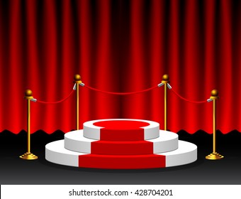 Round white podium with red carpet in the scene. Red curtains and spotlights