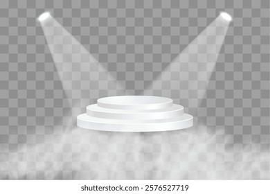 Round white podium, smoke, fog, illuminated by spotlights. Stage lighting. Vector illustration. On a transparent background.