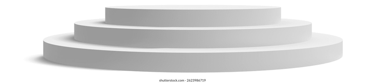 Podio redondo blanco con tres pasos proyectando una sombra, perfecto para mostrar productos o mostrar premios, creando una presentación limpia y minimalista