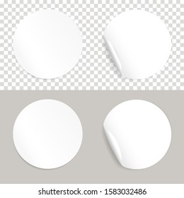 Round white realistic stickers. Circle sticker isolate set with folded edges, blank adhesive rounded tags or price signs with shadow