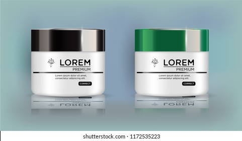 Round white set, plastic jar with black and green lid for cosmetics - body cream, 
butter, bath salt, gel, skin care, powder. Realistic packaging mockup template.