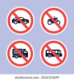 Round white sign with red prohibition stripe: no cars, motorcycles, trucks and buses on white background